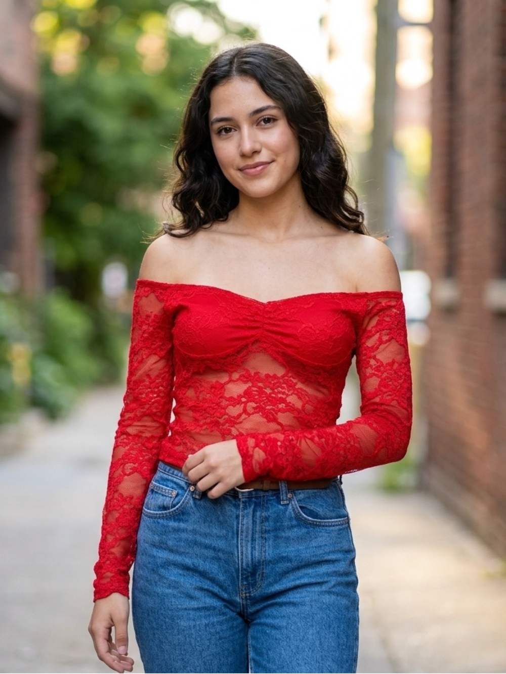 Women's Red Off-Shoulder Lace Crop Top